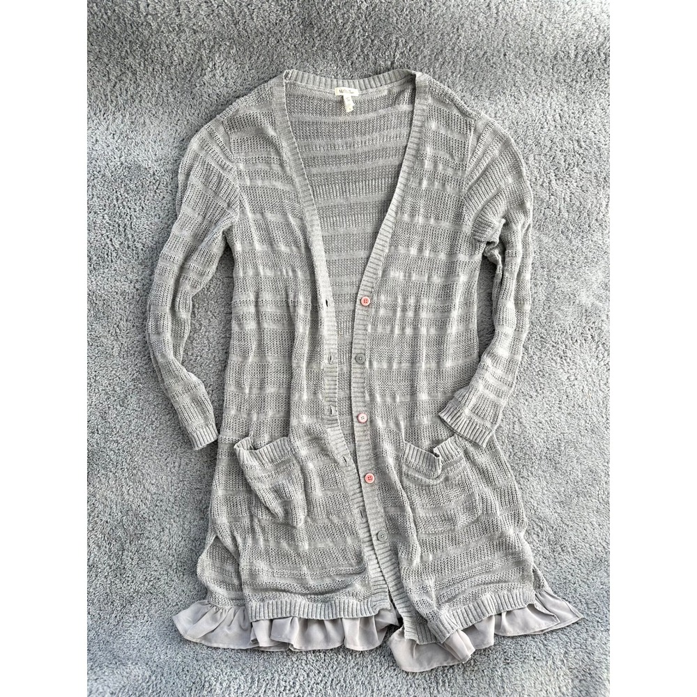 Matilda Jane women L open knit long gray cardigan ruffle hem sweater cottagecore
